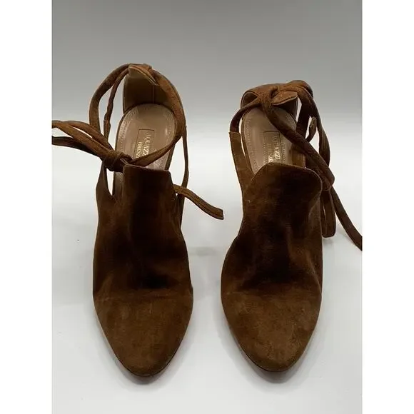 AQUAZZURA Women's Dark Brown Suede Leather Round-Tie Stiletto Heels SZ 40(US10)